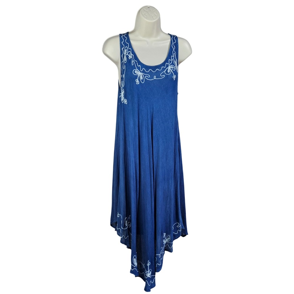 True Rock Blue Embroidered Sharkbite Hem Sleeveless Midi Dress OS Boho Coastal